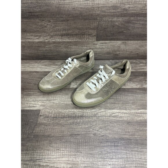 Tory Burch Mitch Beige Gold Suede Metallic Leather Sneaker Women's Sz 11 M - Picture 1 of 15